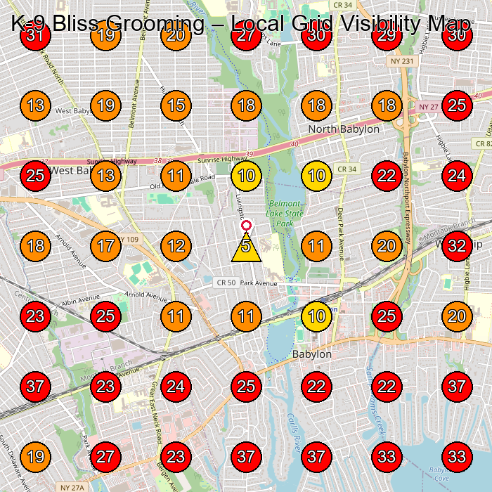 K-9 Bliss Grooming GeoGrid visibility map for Pet Groomer in West Babylon